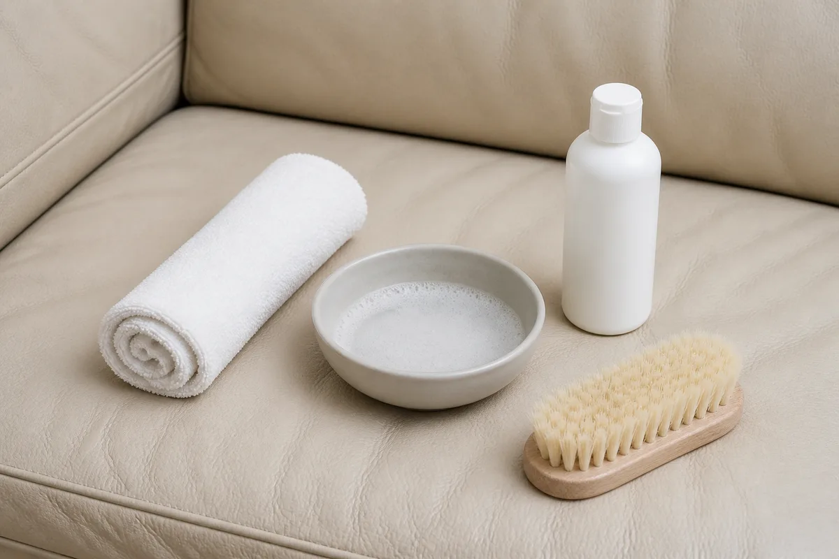 Chiffon microfibre blanc et flacon de lait nettoyant posés sur une assise en cuir clair