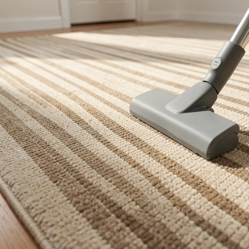 Moquette beige à velours coupé aspirée par bandes régulières dans une pièce lumineuse