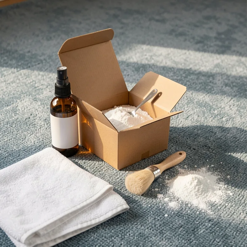 Flacon pulvérisateur, boîte de bicarbonate et brosse souple posés au bord d&rsquo;une moquette