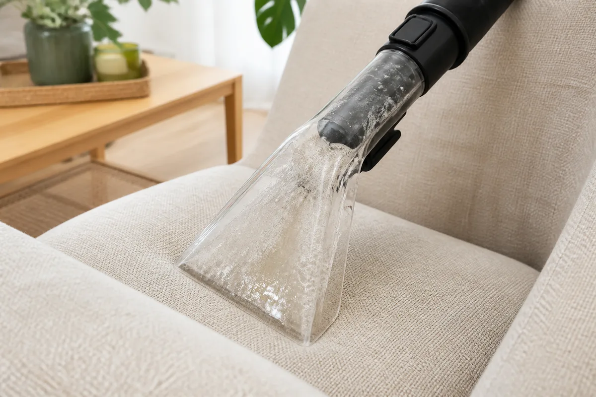 Vue rapprochée d’un suceur transparent d’injecteur-extracteur passant sur un tissu de fauteuil