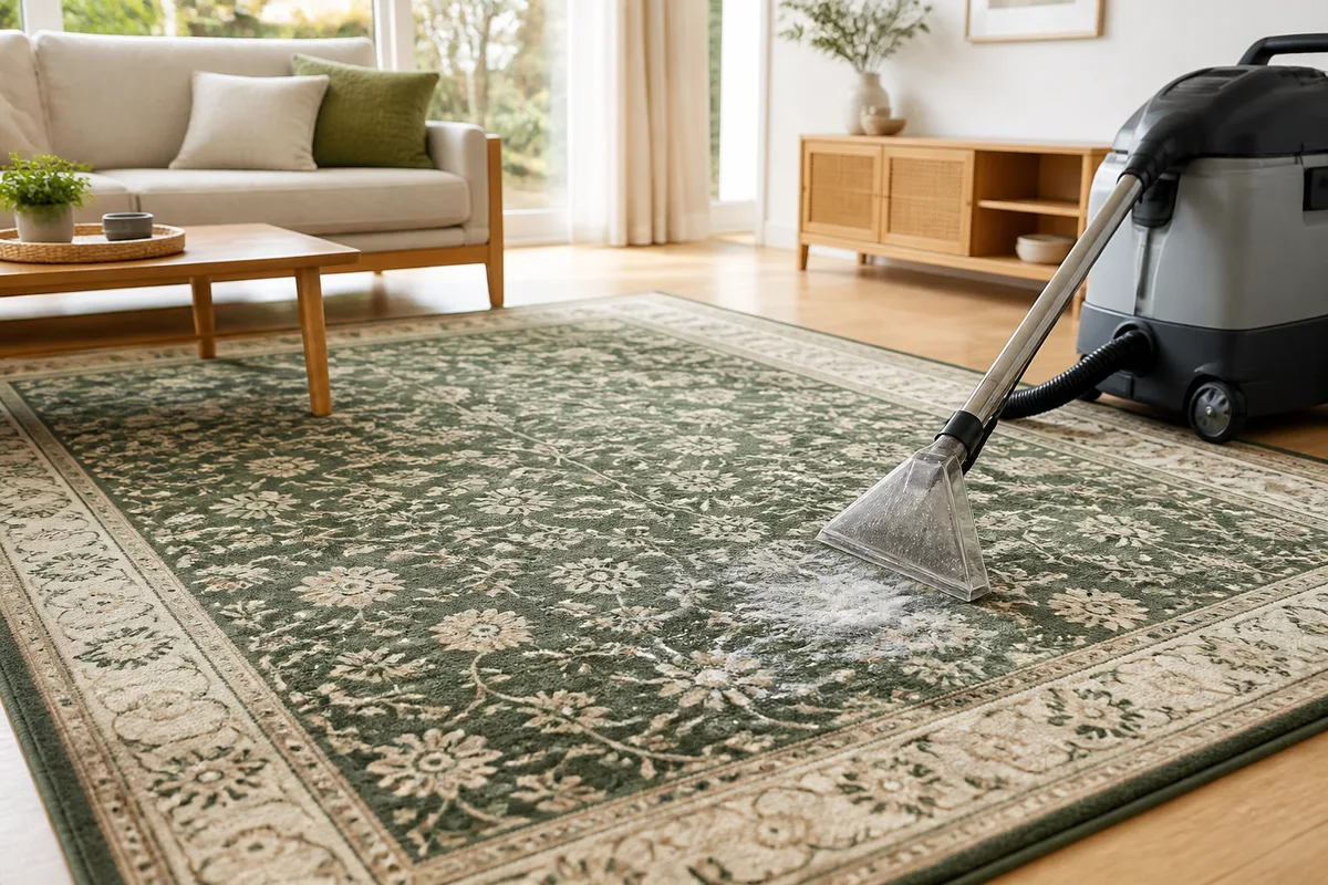 Tapis à motifs déroulé dans un salon, machine d’extraction posée à côté