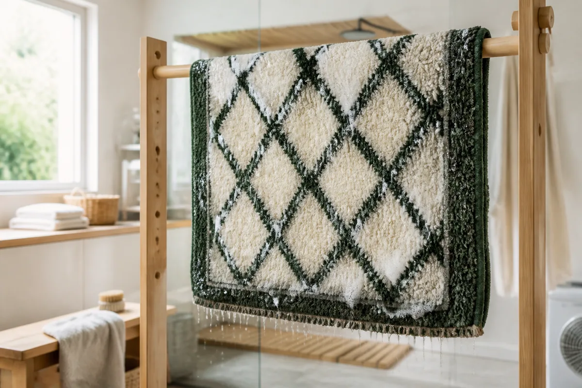 Tapis en laine suspendu dans une chambre de séchage ventilée après lavage