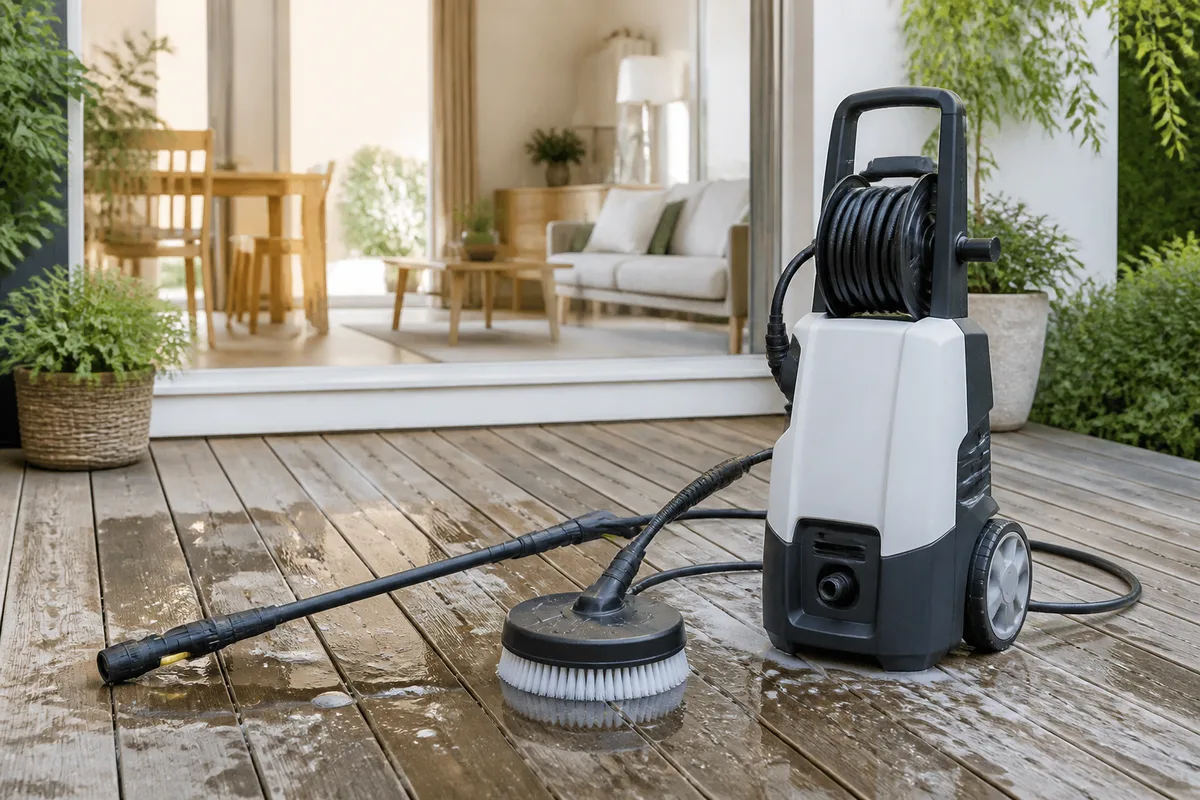 Nettoyeur haute pression posé sur une terrasse en bois avec une lance et une brosse rotative