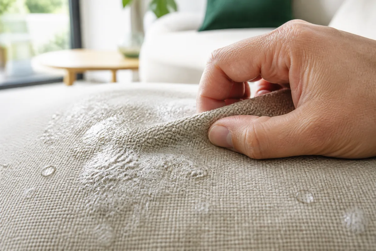 Main écartant les fibres d’un tissu de canapé beige pour en observer la trame de près