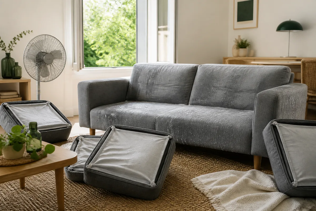 Canapé en tissu gris entouré de coussins retournés, fenêtre ouverte et ventilateur pour le séchage