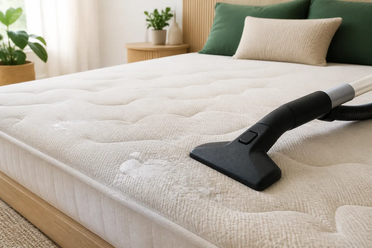 Matelas nu dans une chambre claire, aspirateur à embout plat posé sur la surface
