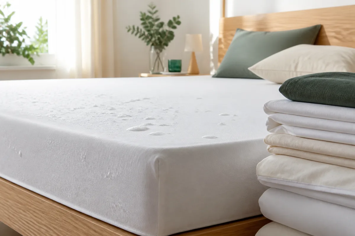 Housse de protection anti-acariens tendue sur un matelas, draps pliés à côté